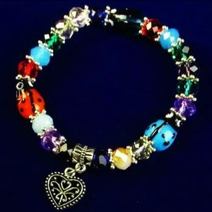 New Millefiori Glass & Crystal Silver Stretch Bracelet.